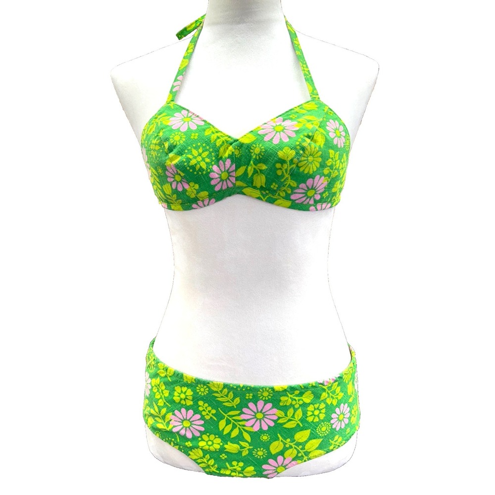 Vtg 60s 70s Mod Hippie Hip Hugger Psychedelic Daisy Bikini Swim Bathing Suit